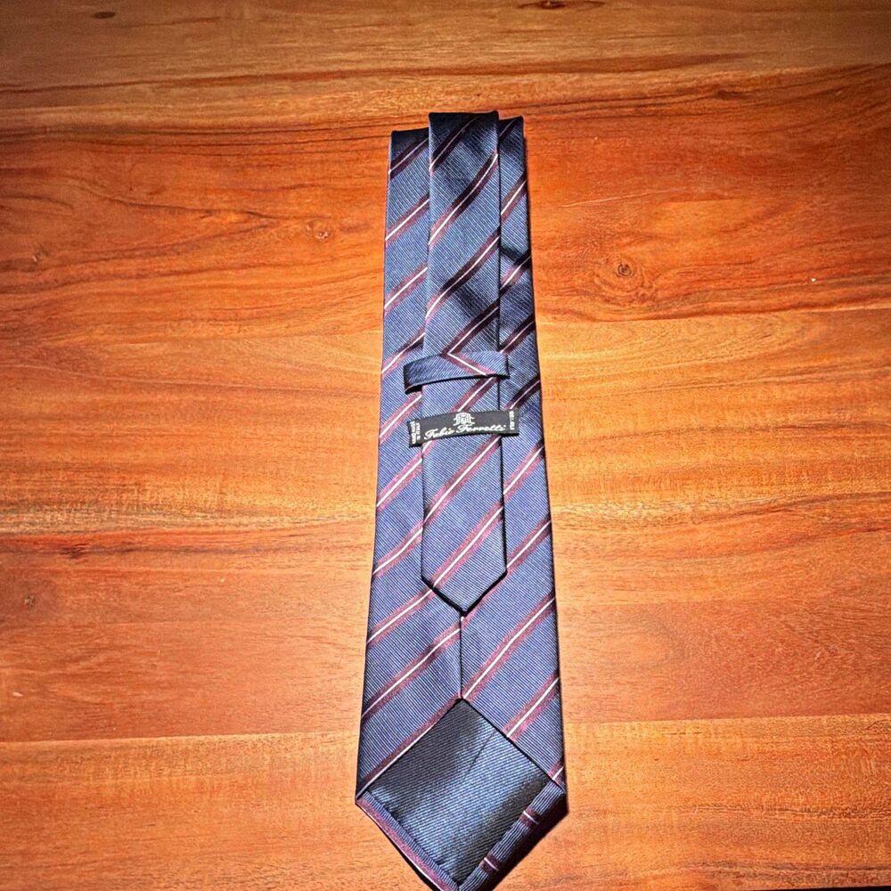 Fabio Ferretti Men's Blue Burgundy Striped Silk Tie Woven Logo Accent Pointed